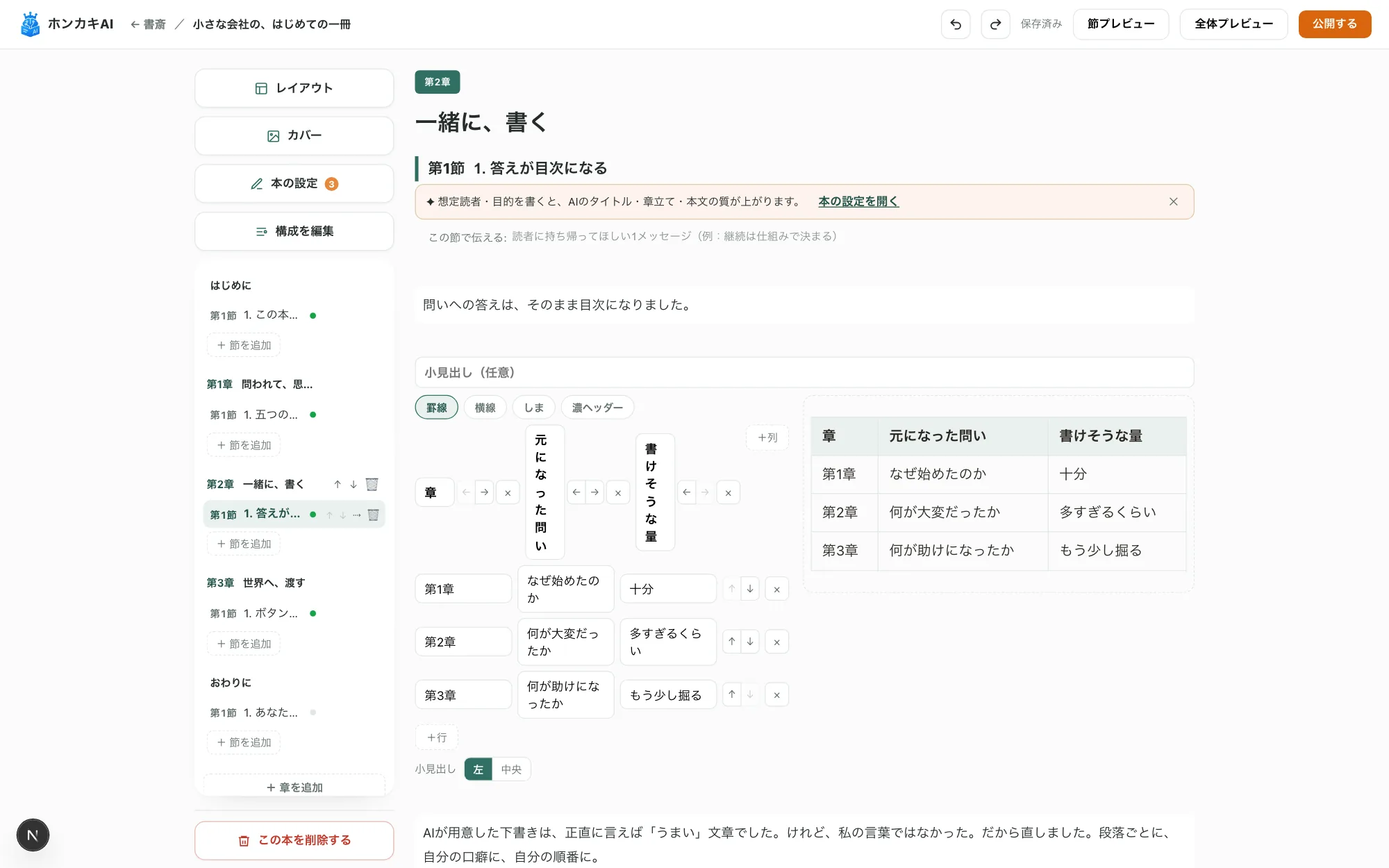 エディタ画面。左に章立て、右に本文と表・チェックリストのブロック